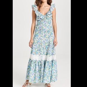 byTiMo Floral Linen Blend Maxi Dress Size L Feminine Preppy Ruffle Button Front